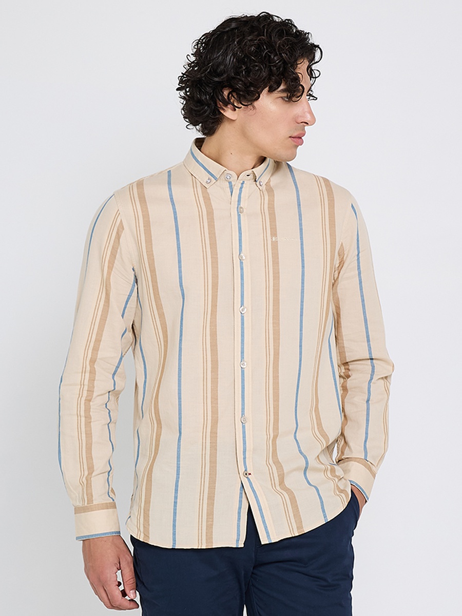 Men Striped Long Sleeves Shirt with Button-Down Collar