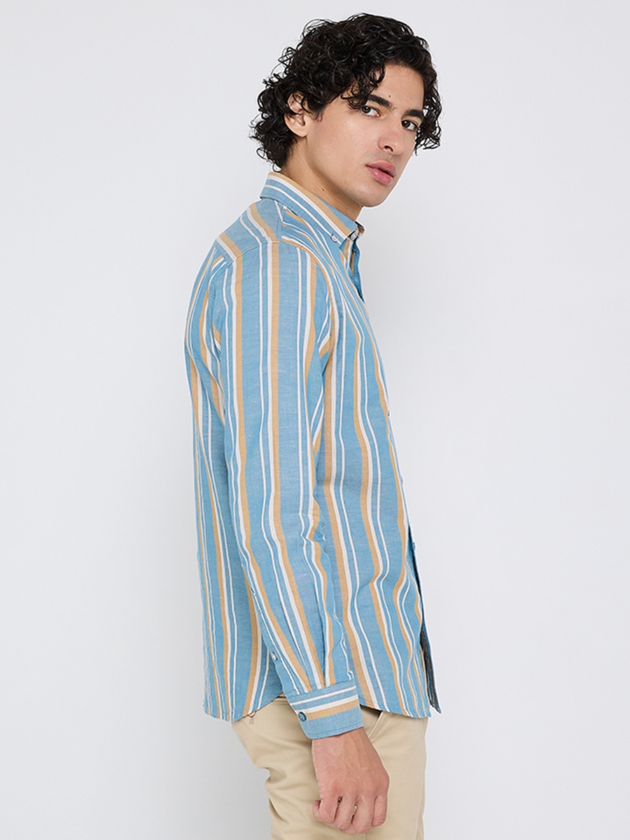 Men Striped Long Sleeves Shirt with Button-Down Collar