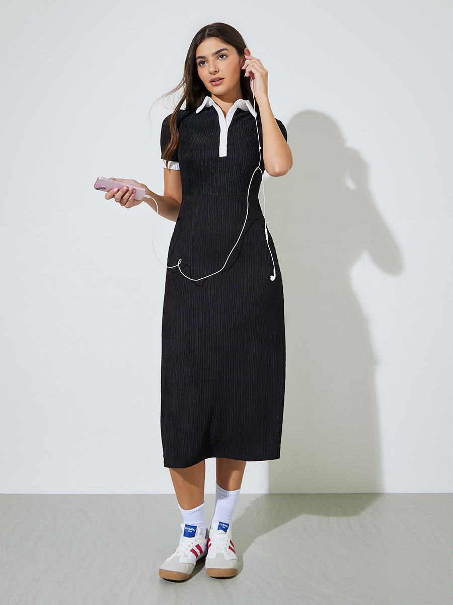 Black Textured Contrast Trims Shirt Midi Dress