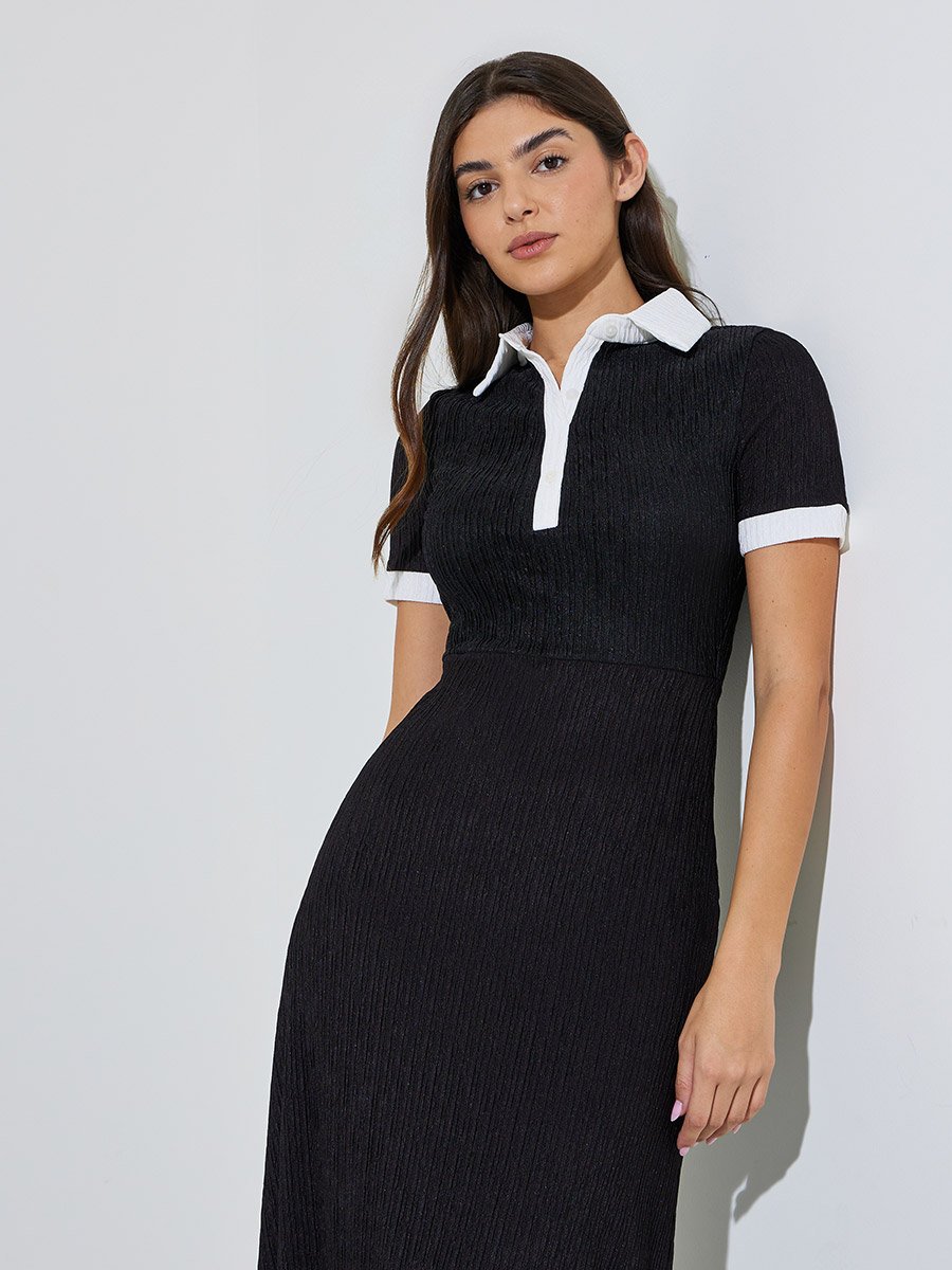 Black Textured Contrast Trims Shirt Midi Dress