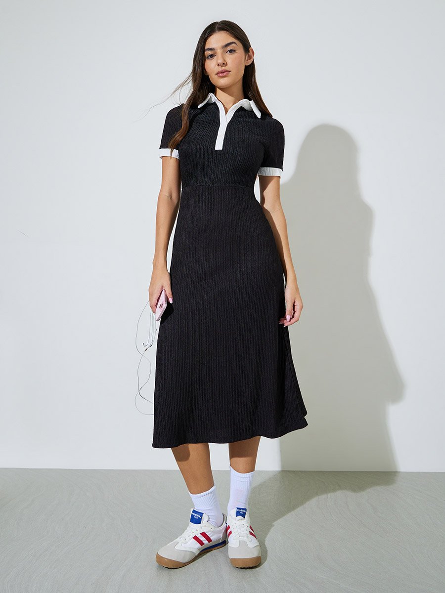 Black Textured Contrast Trims Shirt Midi Dress