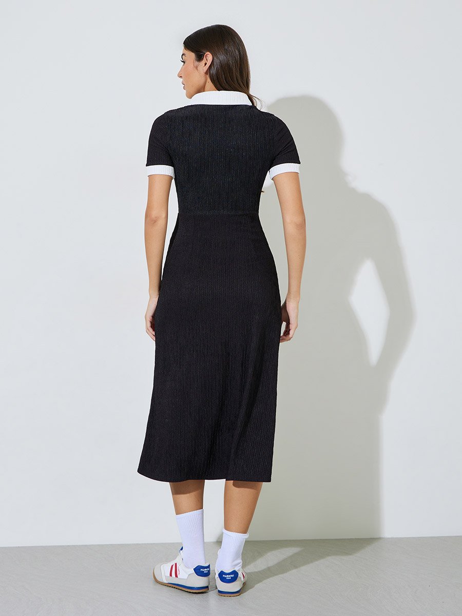 Black Textured Contrast Trims Shirt Midi Dress
