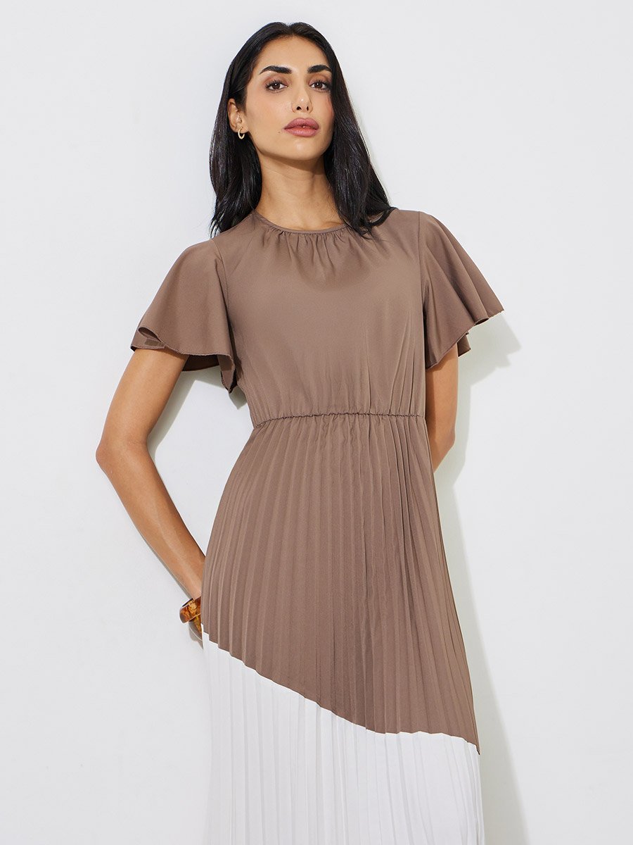 Brown and White Color Block Pleated A-Line Maxi Dress