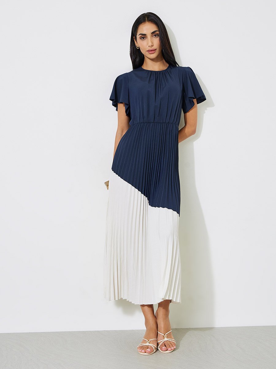 Navy Blue and White Color Block Pleated A-Line Maxi Dress
