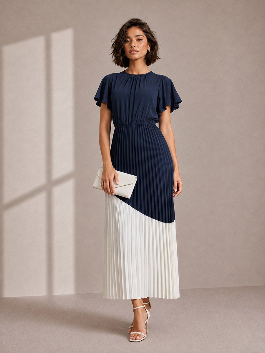 Navy Blue and White Color Block Pleated A-Line Maxi Dress