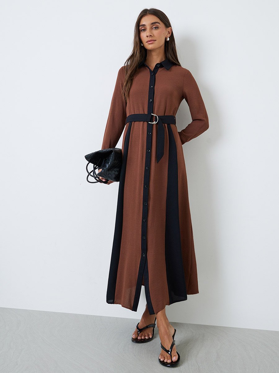 Brown Color Block A-Line Maxi Dress with Belt