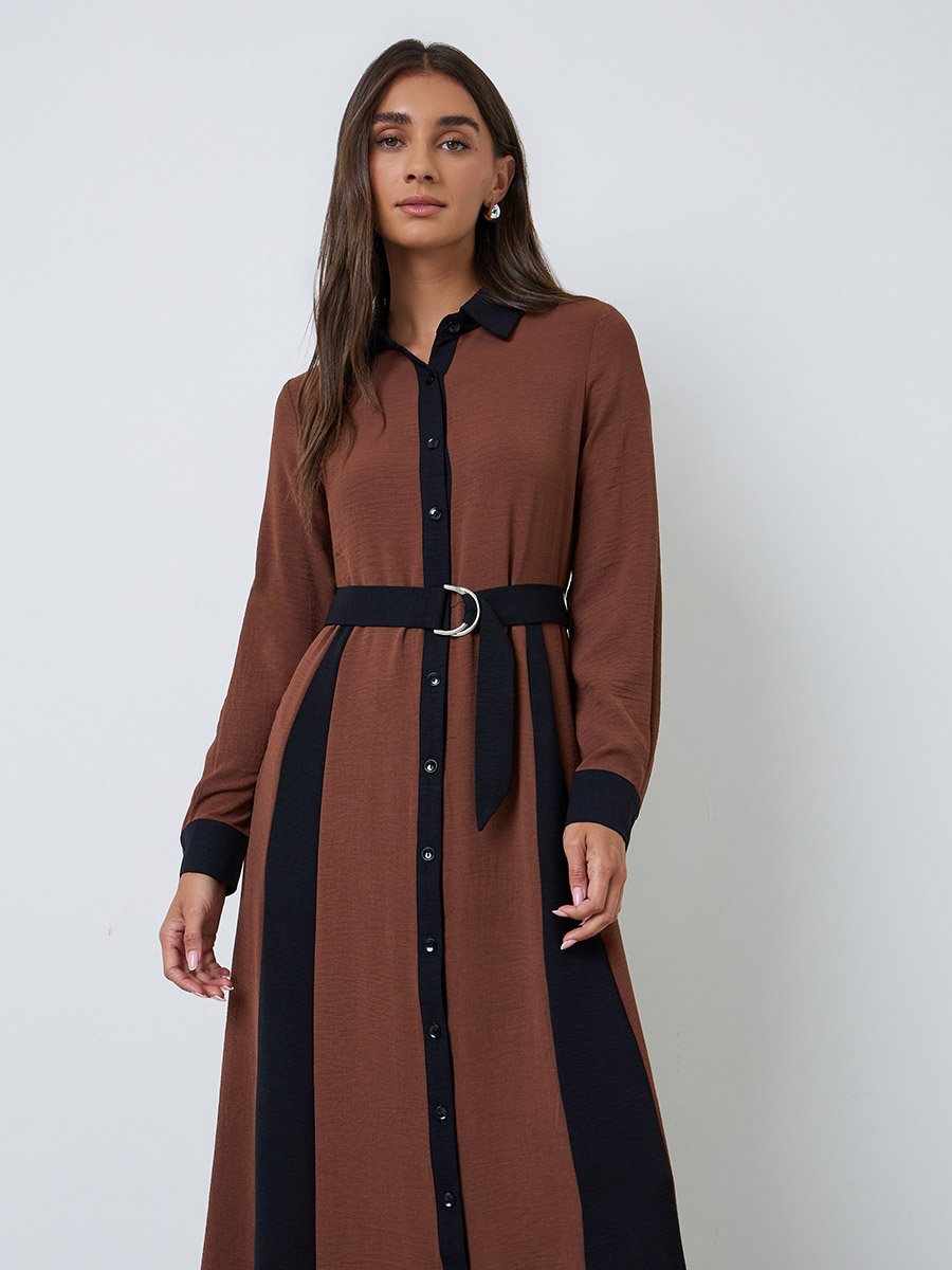 Brown Color Block A-Line Maxi Dress with Belt