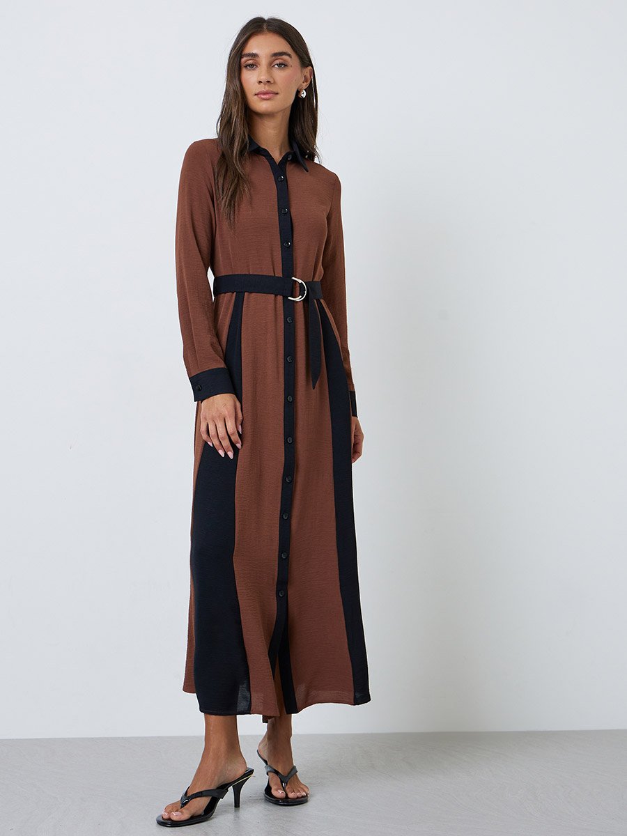 Brown Color Block A-Line Maxi Dress with Belt