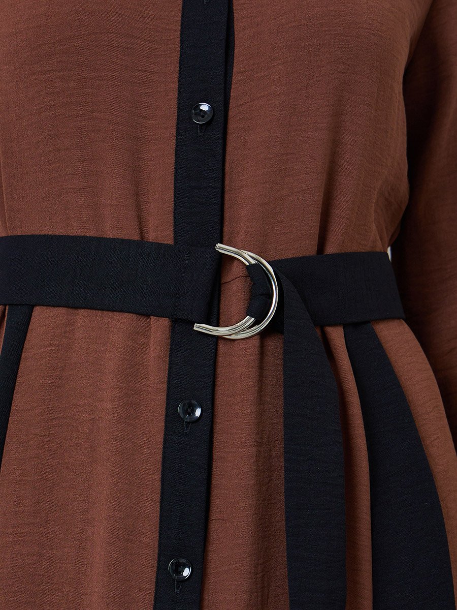 Brown Color Block A-Line Maxi Dress with Belt