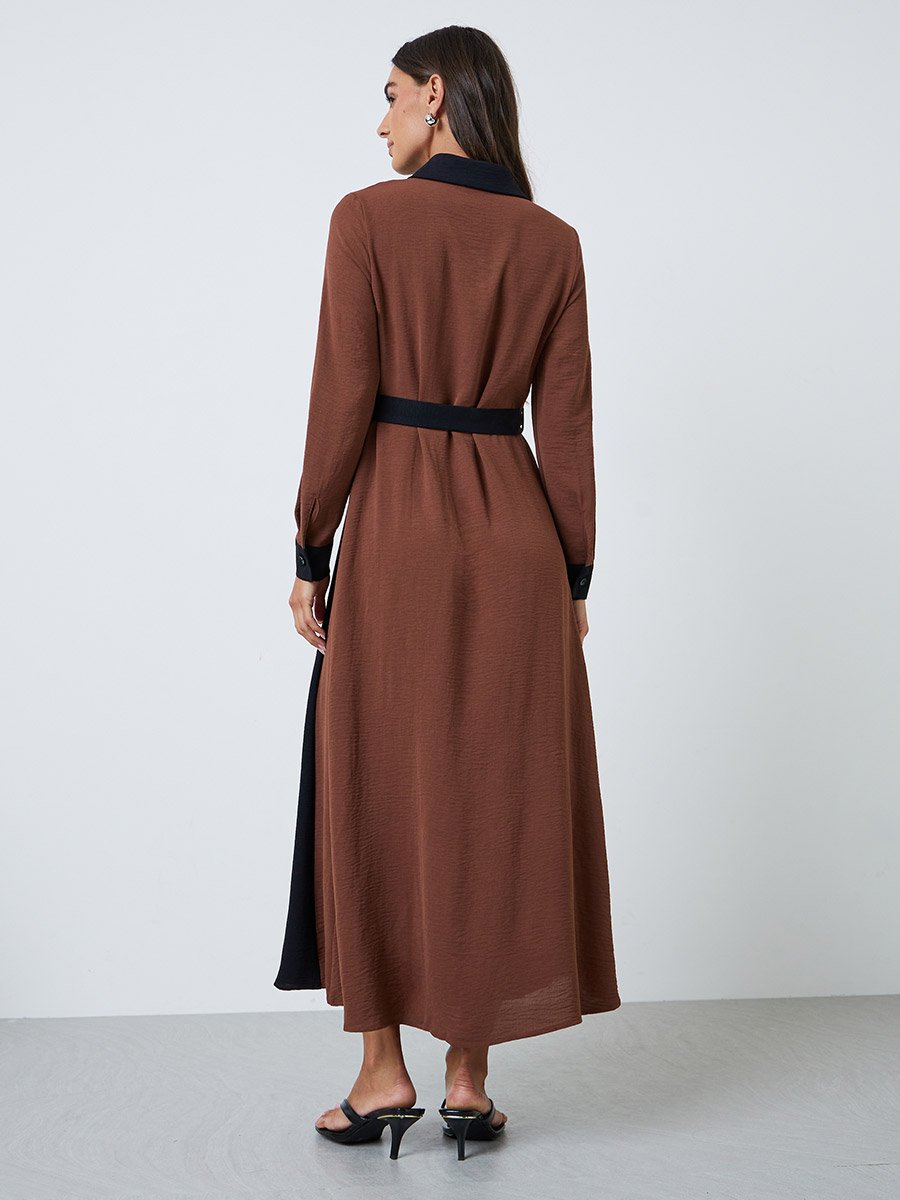 Brown Color Block A-Line Maxi Dress with Belt