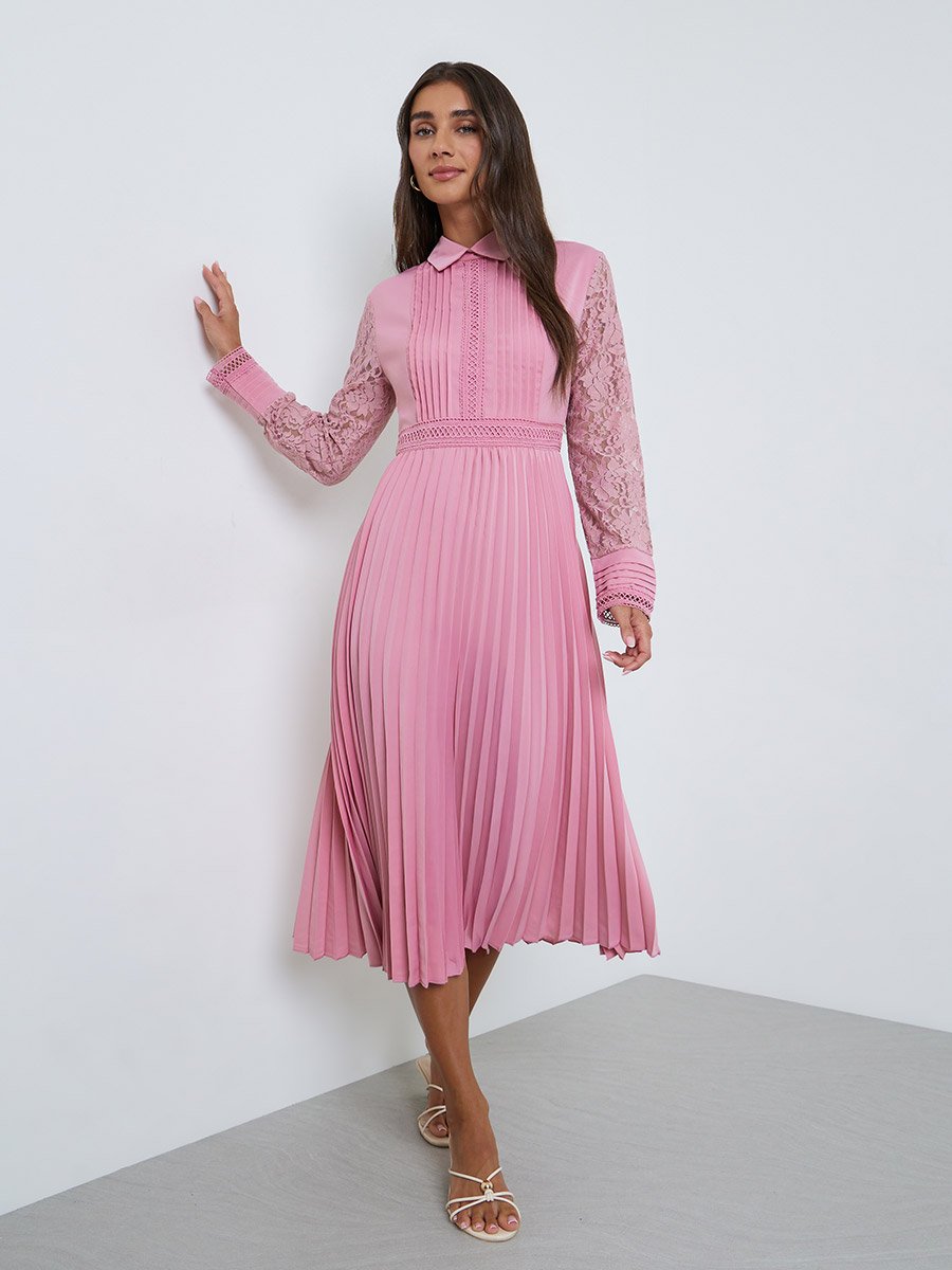 Pink Lace Sleeve Pleated Midi Dress