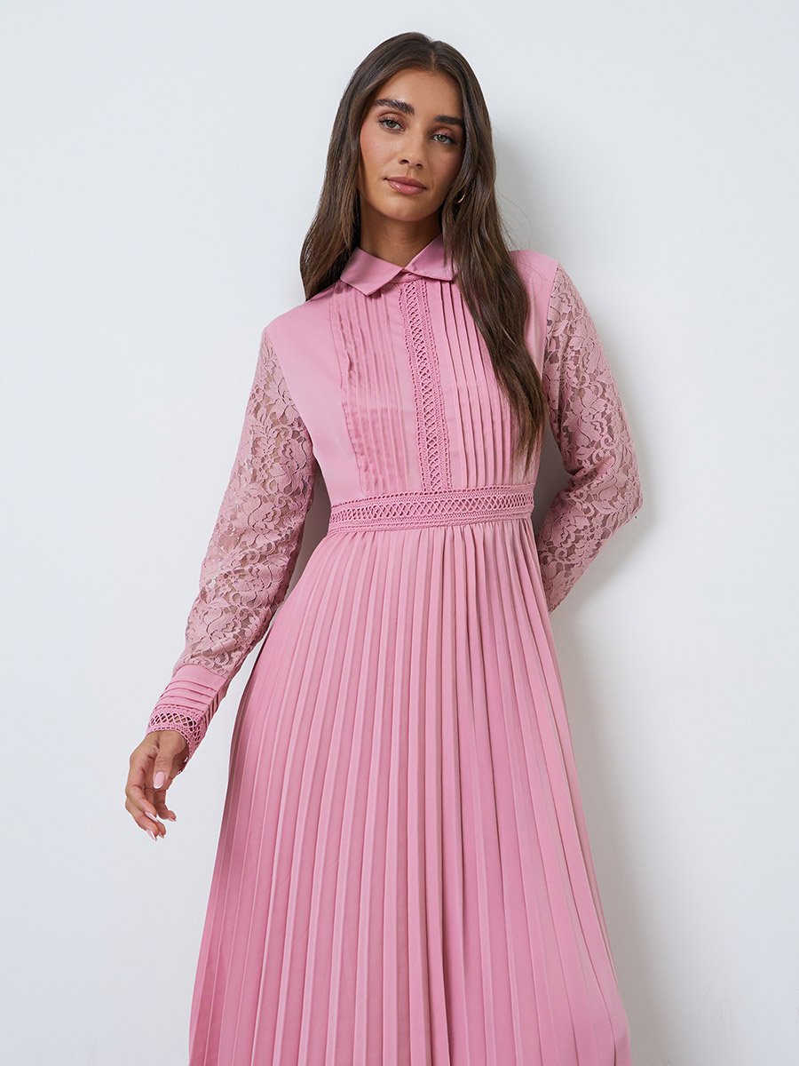 Pink Lace Sleeve Pleated Midi Dress