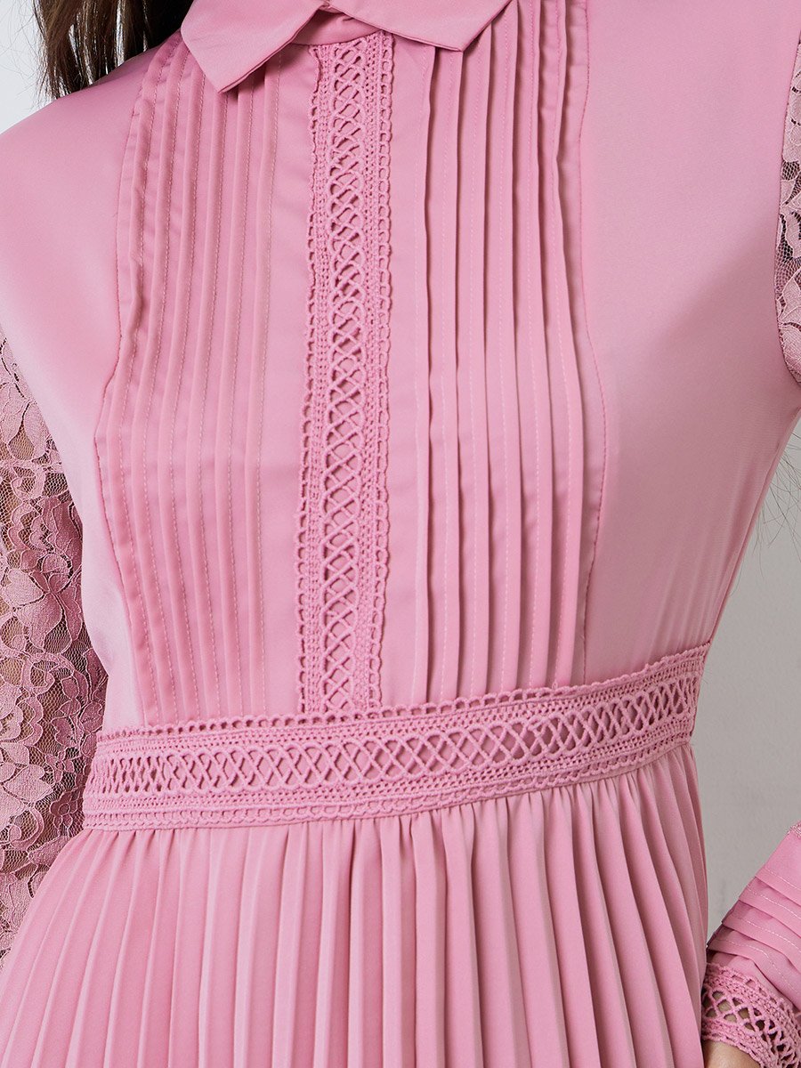 Pink Lace Sleeve Pleated Midi Dress
