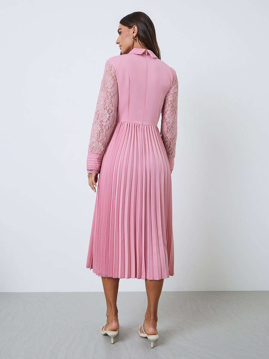 Pink Lace Sleeve Pleated Midi Dress