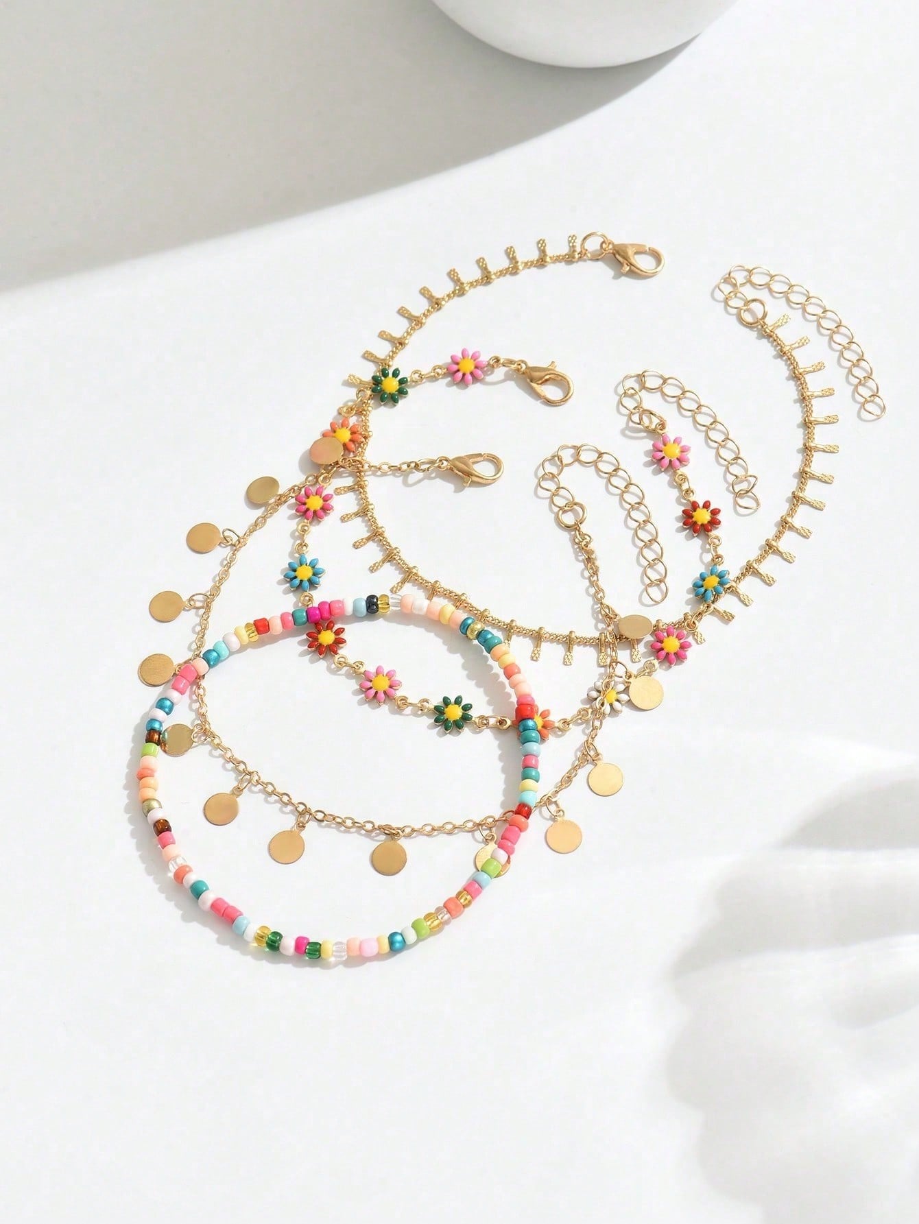 Set of 4 - Beaded Coin Drop Anklet