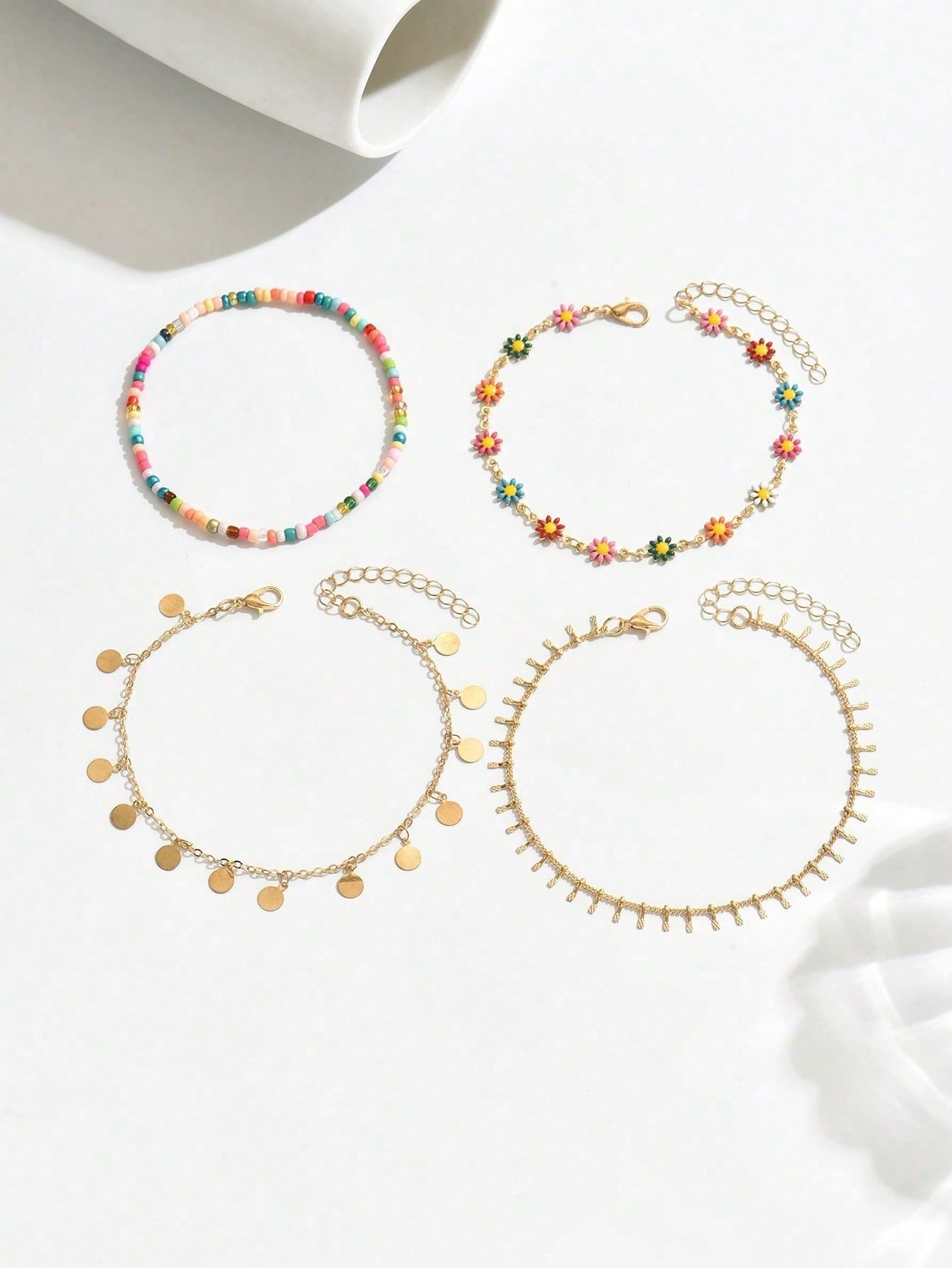 Set of 4 - Beaded Coin Drop Anklet