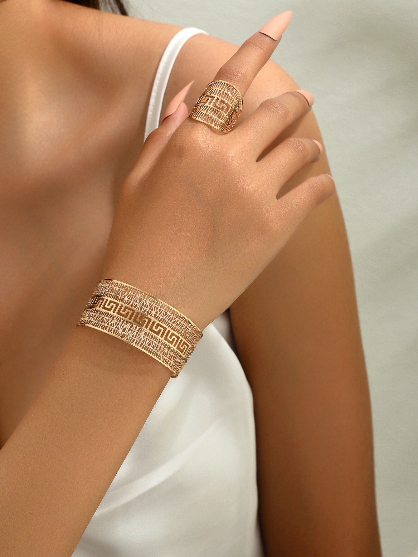 2-Piece Gold-Tone Hollow Pattern Bangle And Ring Set