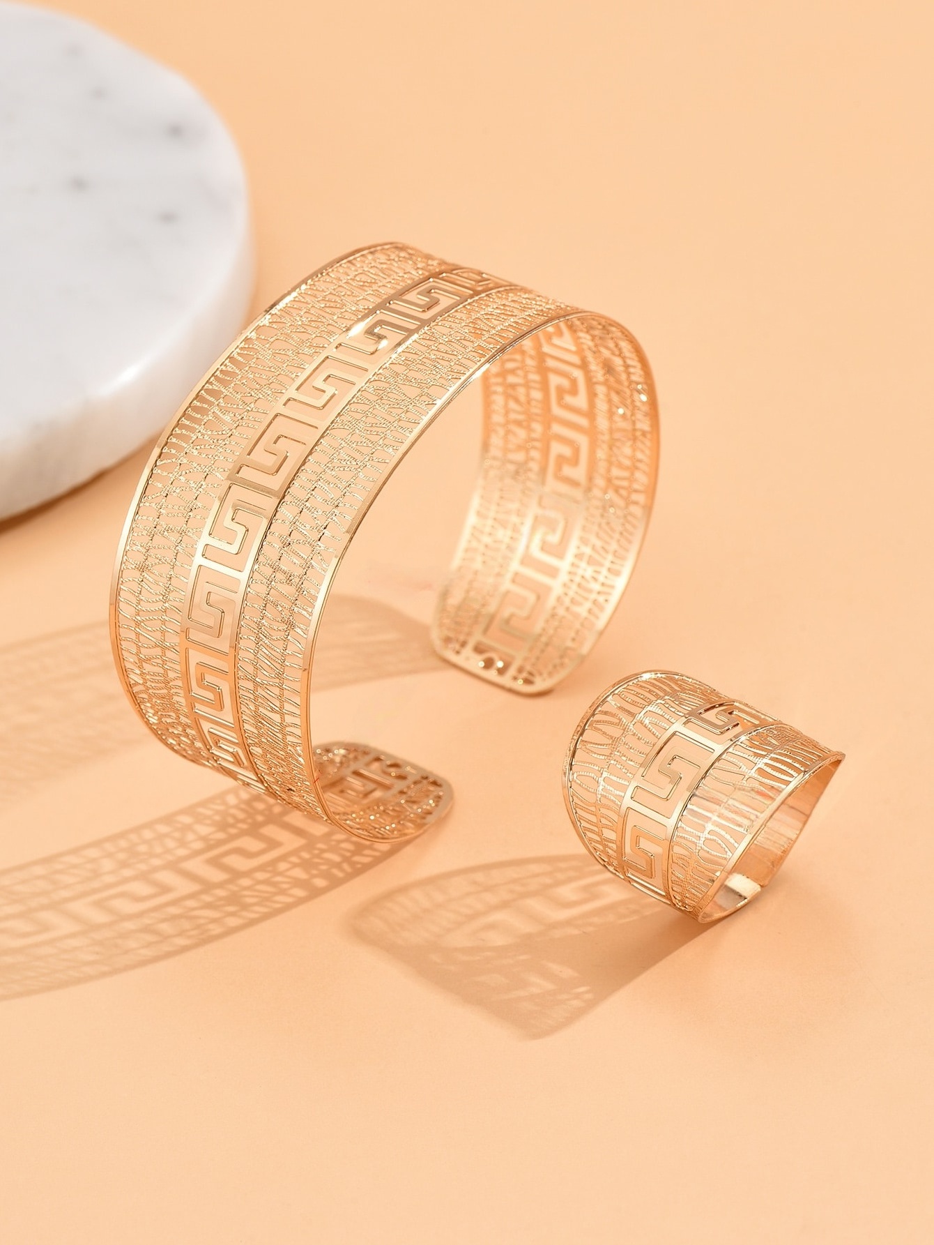 2-Piece Gold-Tone Hollow Pattern Bangle And Ring Set