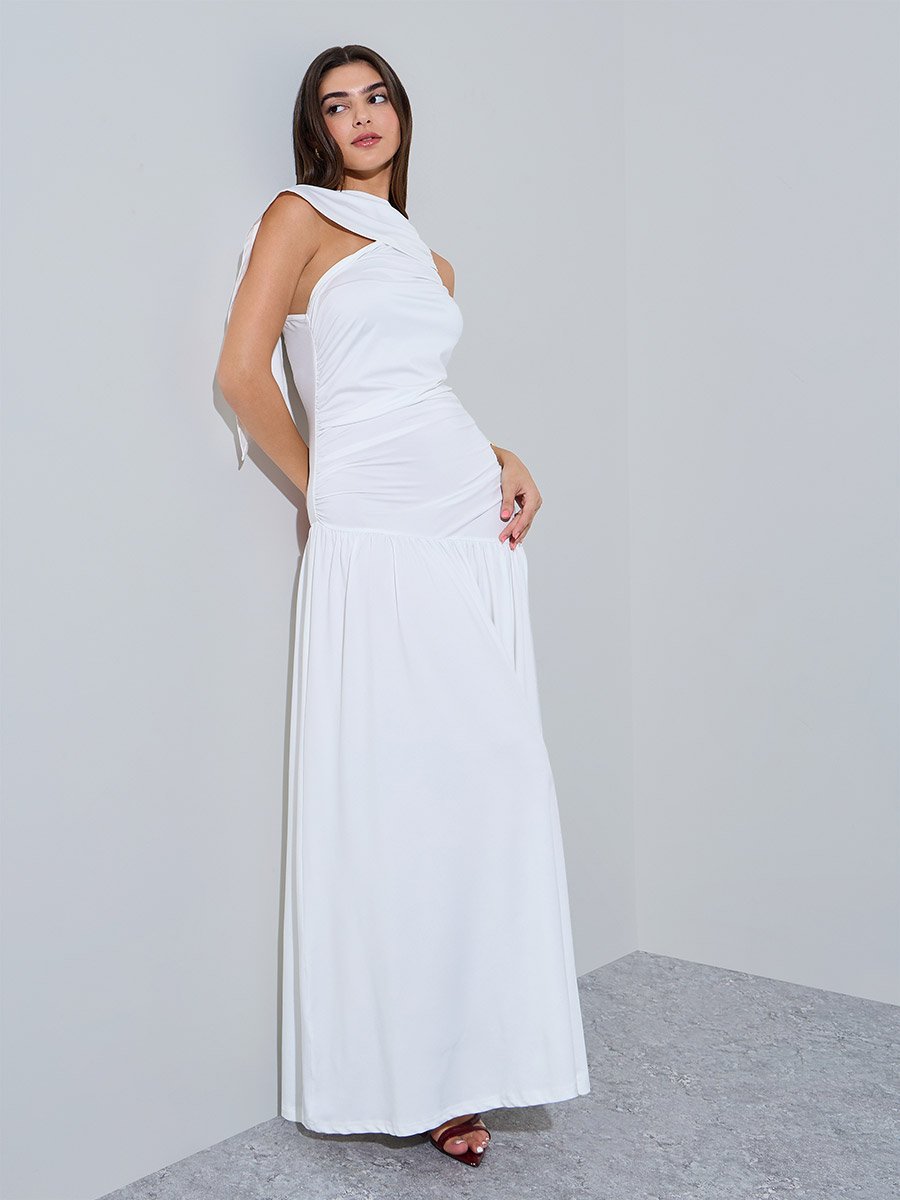 White Draped Sleeves A-Line Maxi Dress