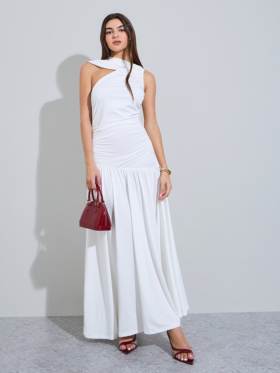 White Draped Sleeves A-Line Maxi Dress