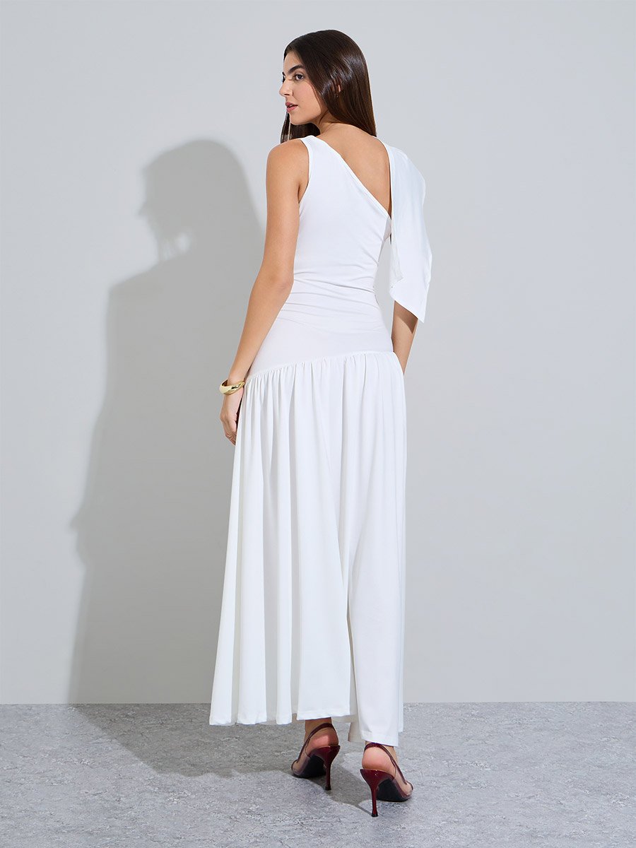 White Draped Sleeves A-Line Maxi Dress