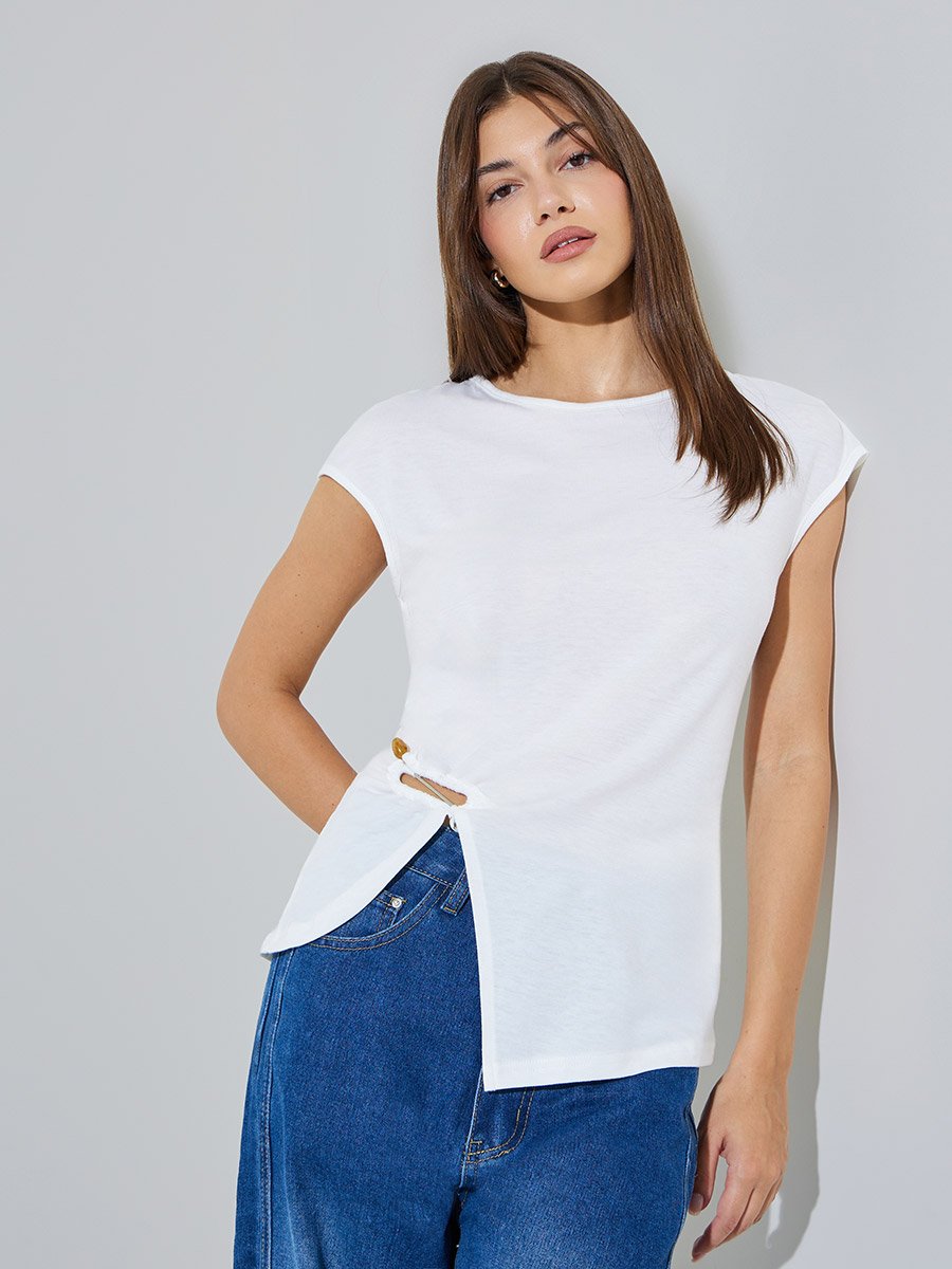 White Irregular Hem Buckle Detail Wrap Top
