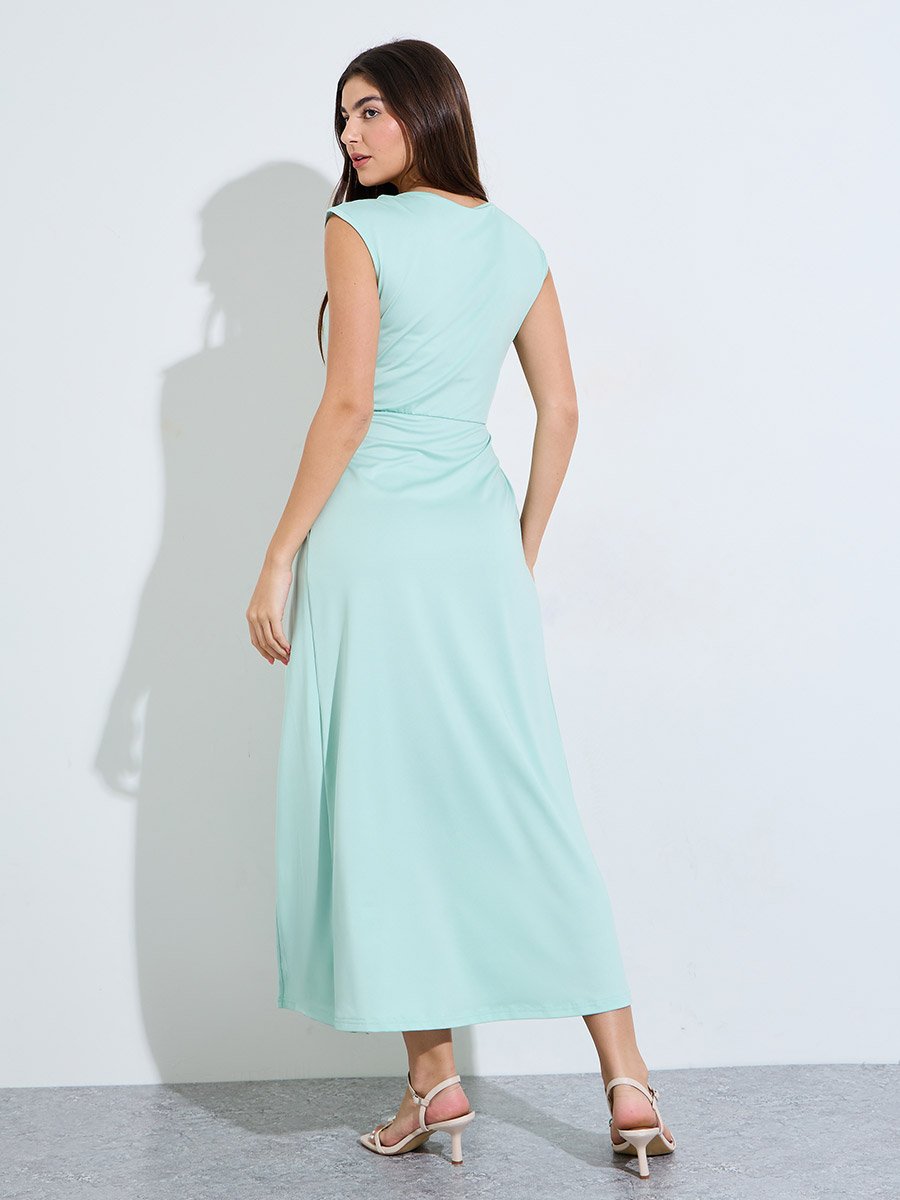 Green Solid Pleated A-Line Maxi Dress