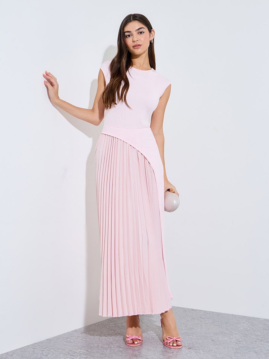 Pink Solid Pleated A-Line Maxi Dress