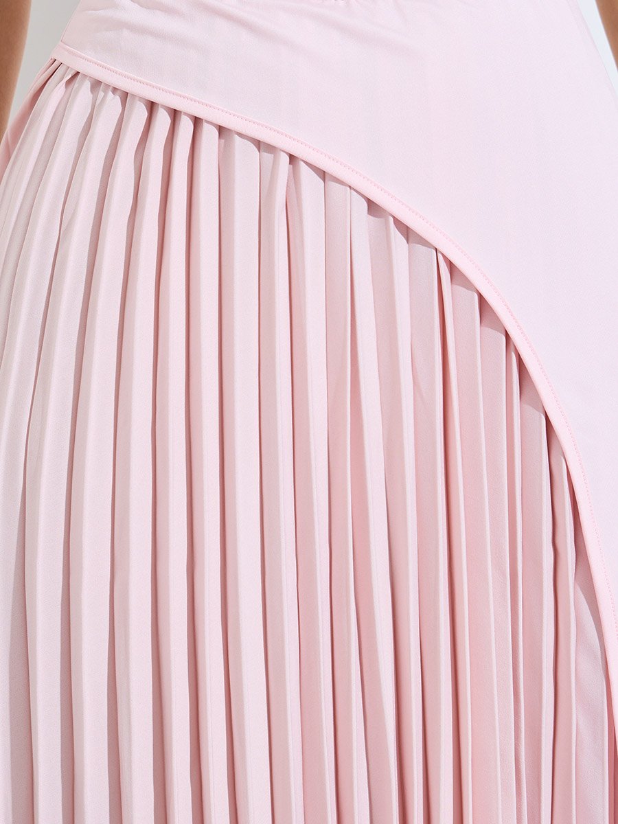 Pink Solid Pleated A-Line Maxi Dress