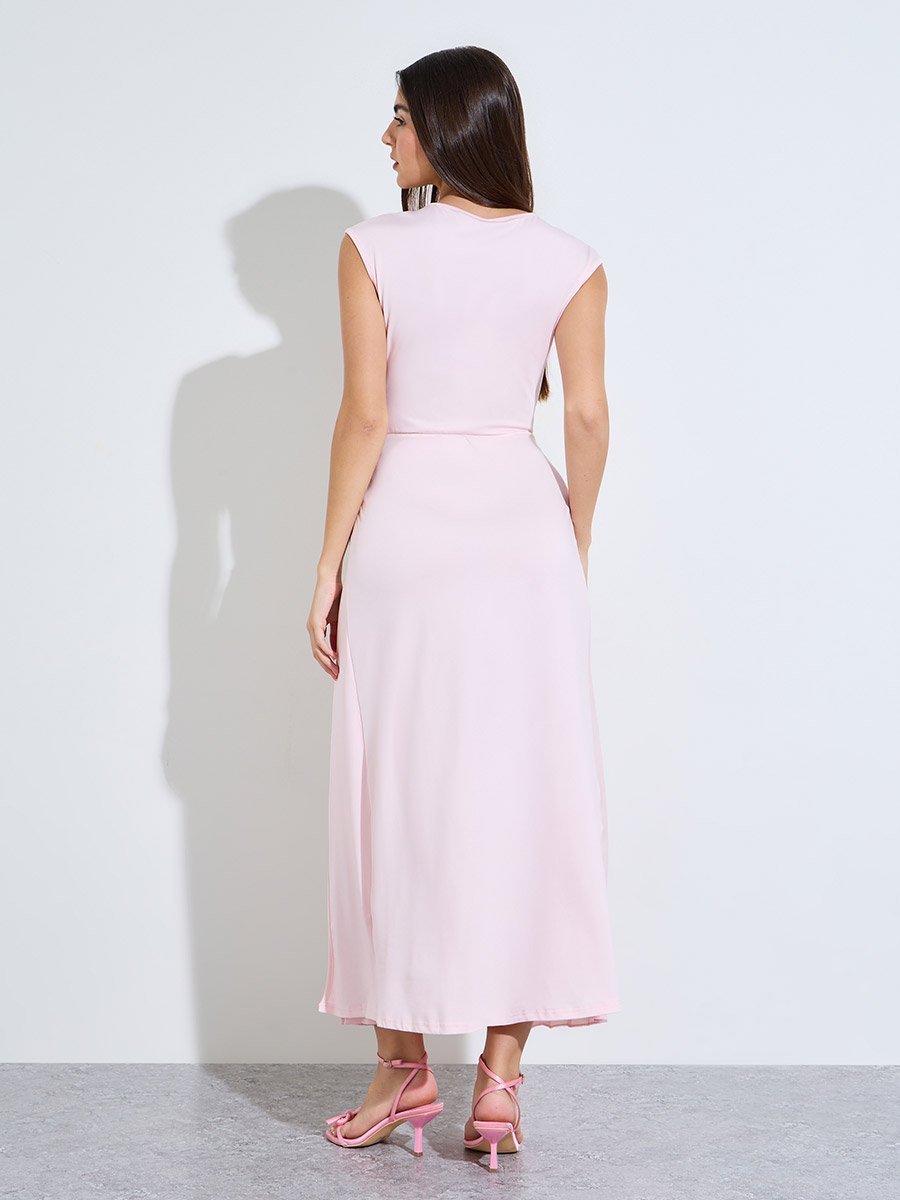 Pink Solid Pleated A-Line Maxi Dress