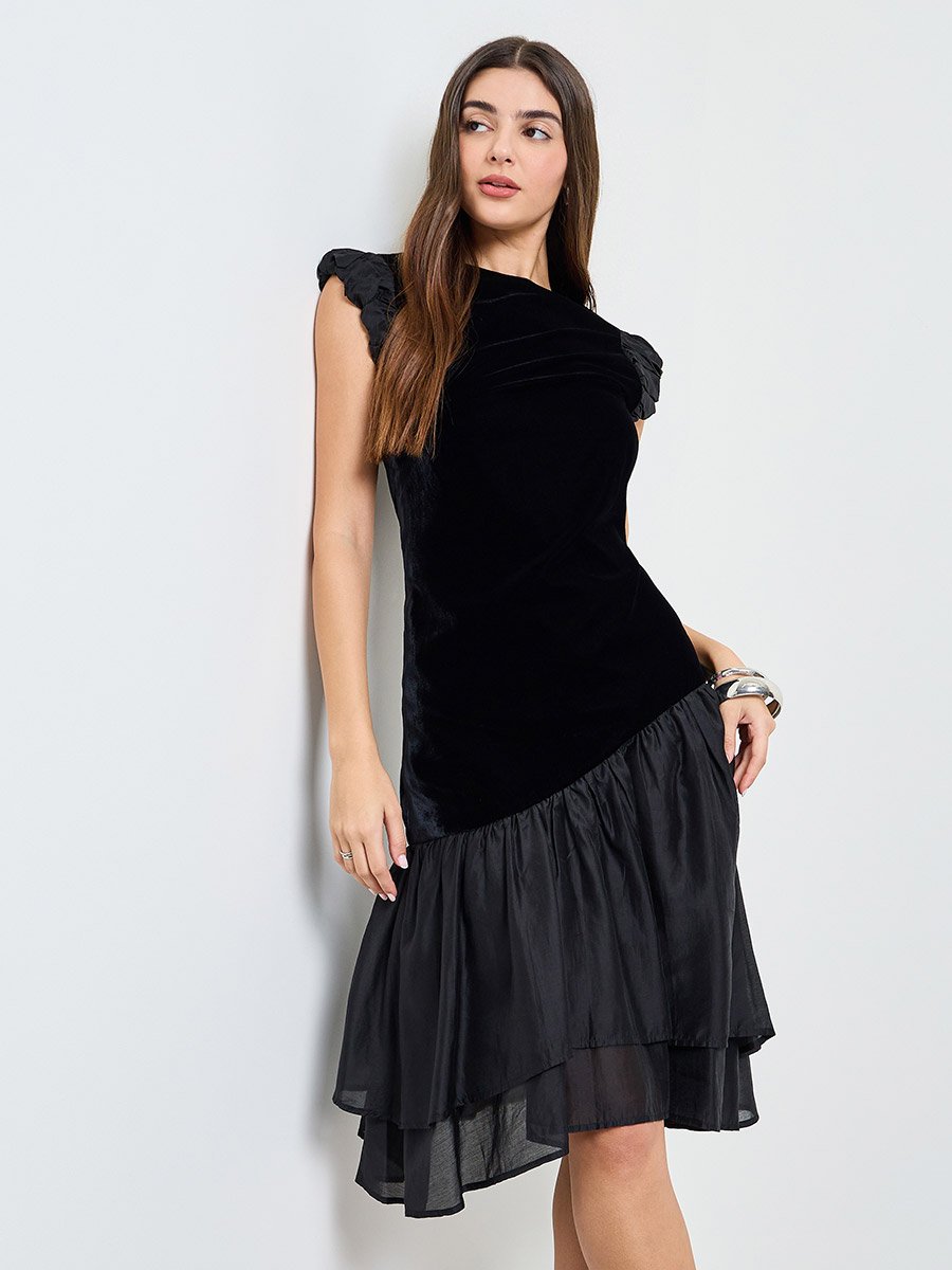 Black Velvet Look Flared Knee Length Dress