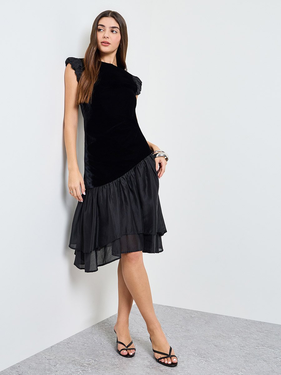 Black Velvet Look Flared Knee Length Dress