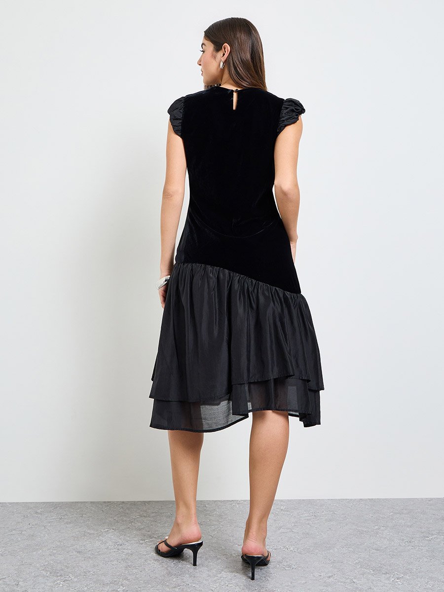 Black Velvet Look Flared Knee Length Dress