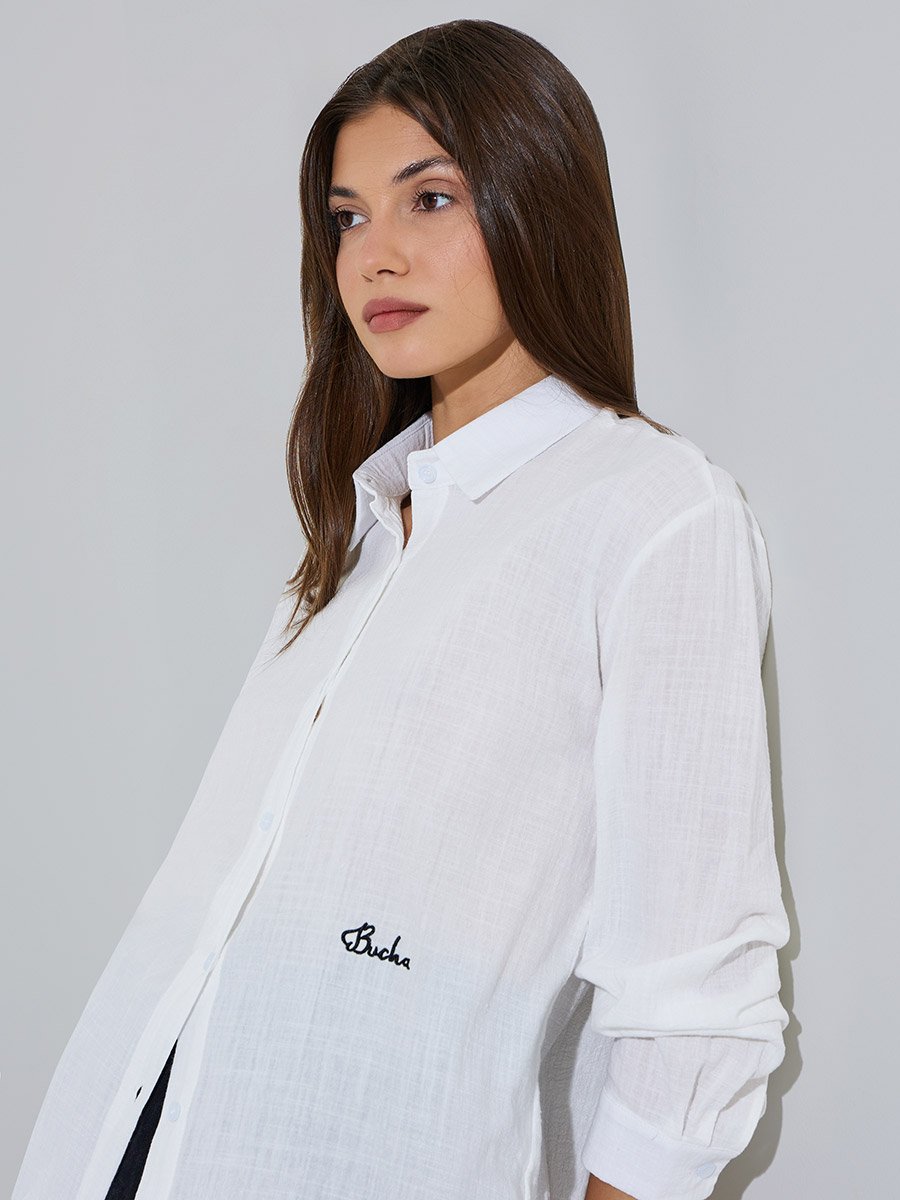 White Longline Casual Shirt with Long Sleeves