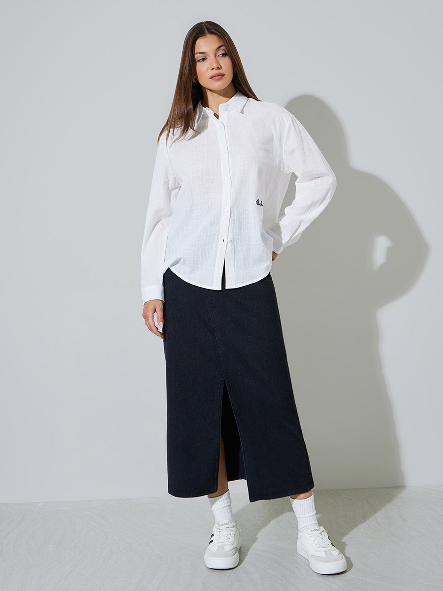 White Longline Casual Shirt with Long Sleeves