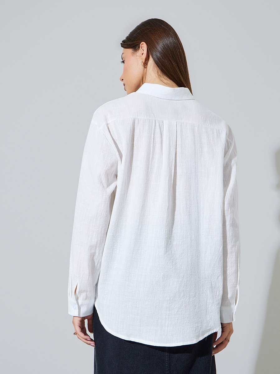 White Longline Casual Shirt with Long Sleeves