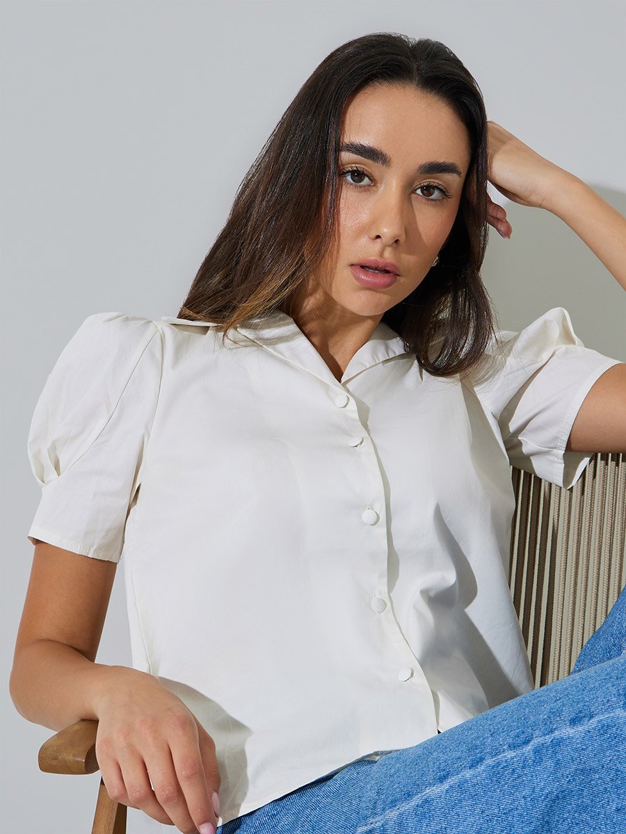 White Regular Fit Puff Sleeve Shirt