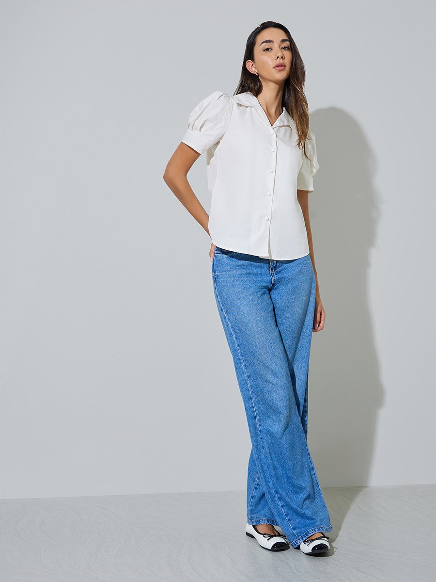 White Regular Fit Puff Sleeve Shirt