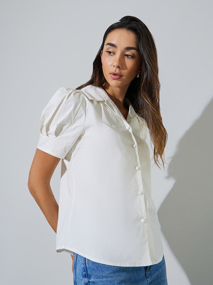 White Regular Fit Puff Sleeve Shirt