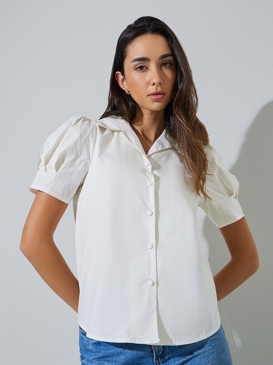 White Regular Fit Puff Sleeve Shirt