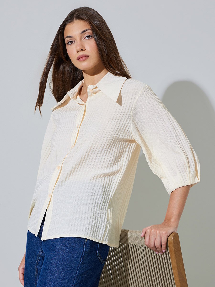 Cream 3/4 Sleeve Textured Casual Shirt