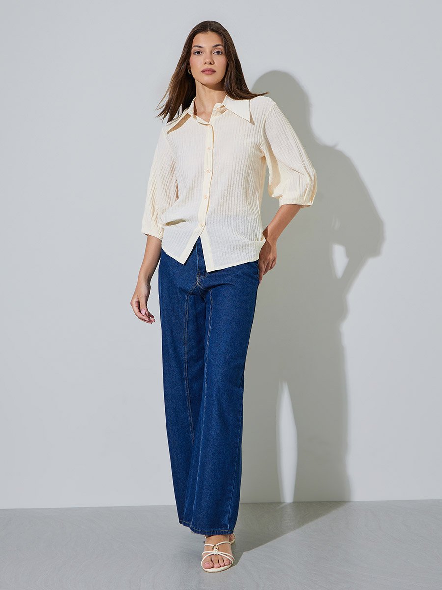Cream 3/4 Sleeve Textured Casual Shirt