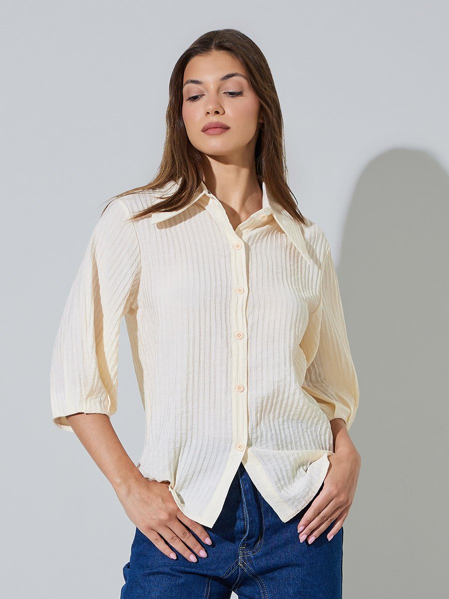 Cream 3/4 Sleeve Textured Casual Shirt