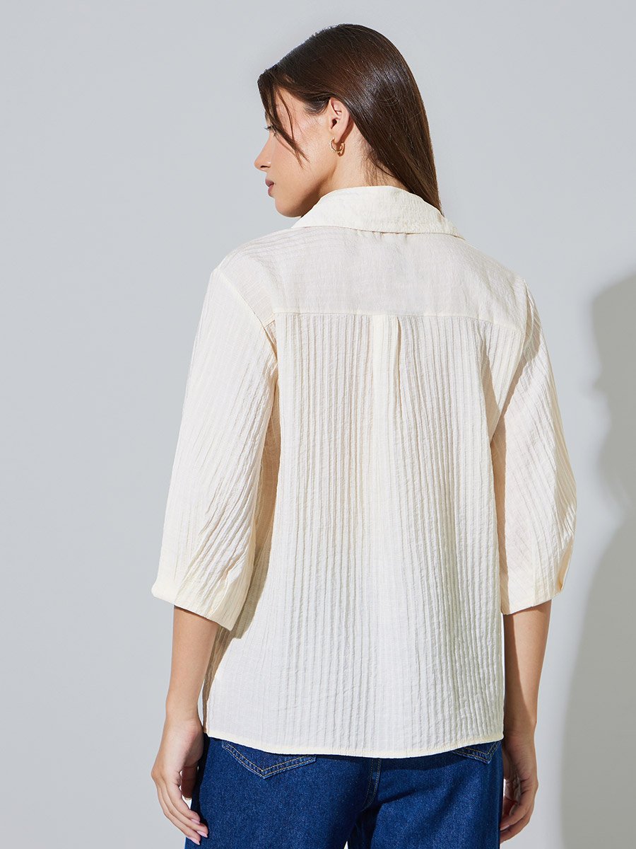 Cream 3/4 Sleeve Textured Casual Shirt