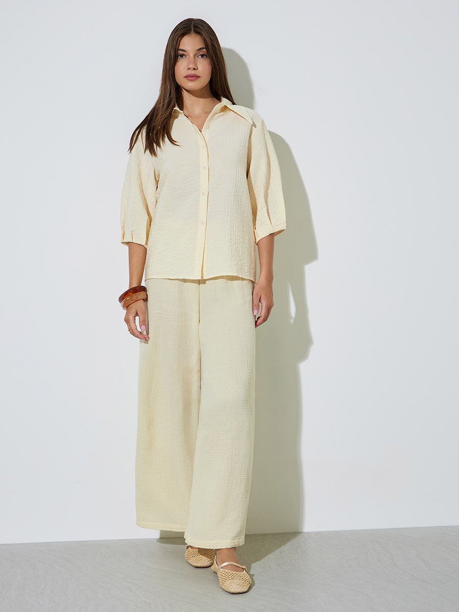 Yellow 3/4 Sleeve Textured Casual Shirt