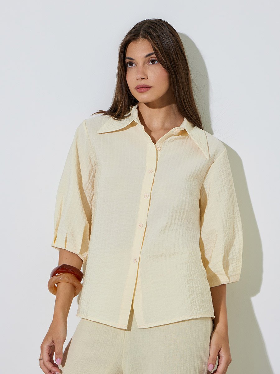 Yellow 3/4 Sleeve Textured Casual Shirt