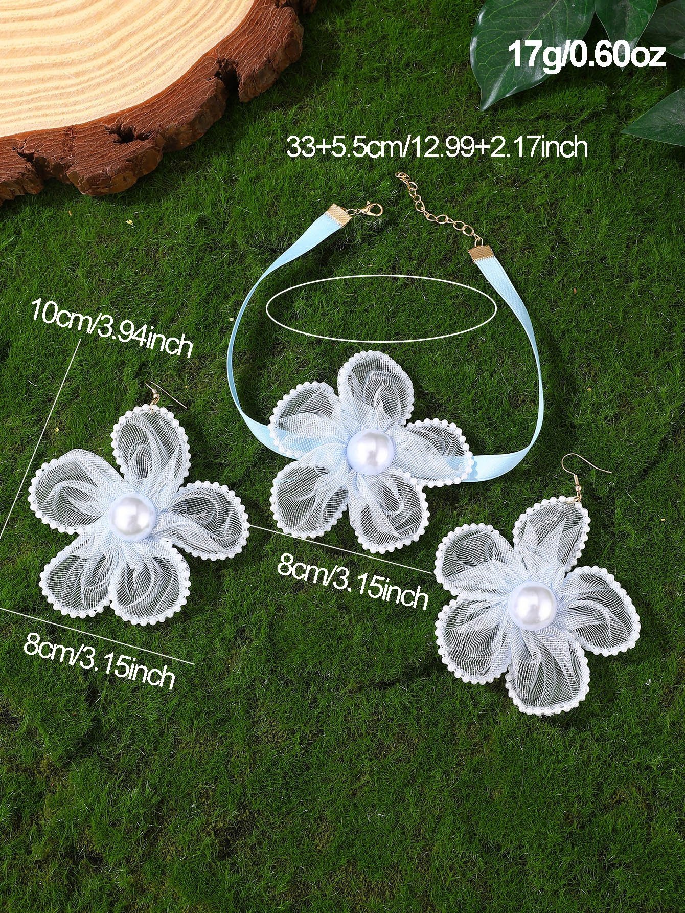 Pack of 3 - Pearl with Lace Details Chocker Necklace and Earrings