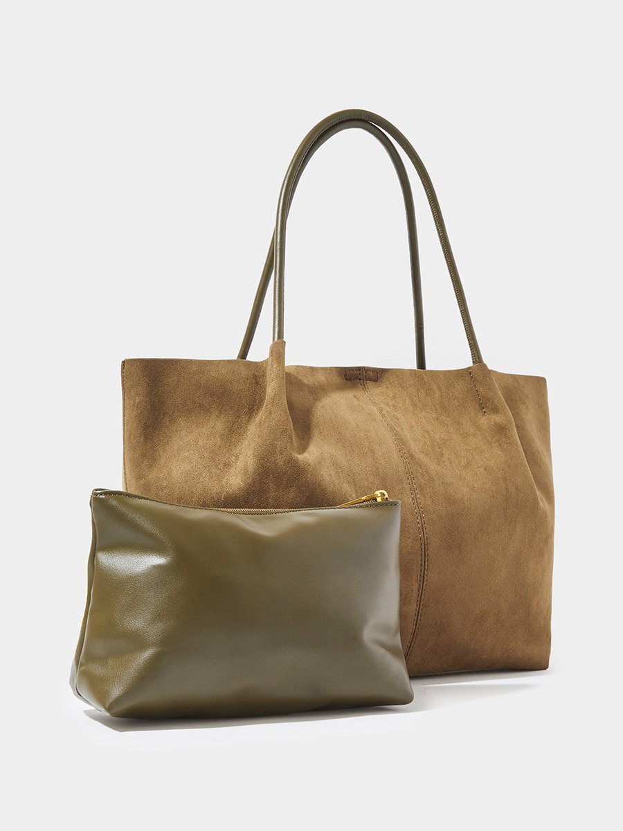 Khaki Suede-Look Hobo Shoulder Bag and Pouch Set