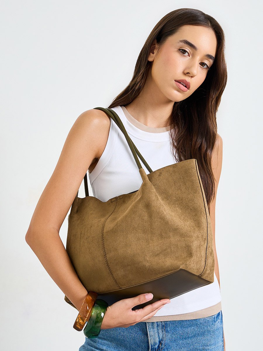 Khaki Suede-Look Hobo Shoulder Bag and Pouch Set
