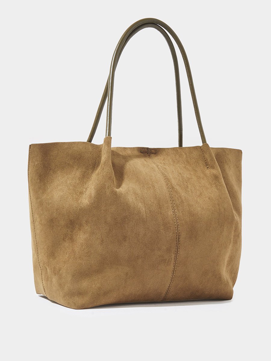 Khaki Suede-Look Hobo Shoulder Bag and Pouch Set
